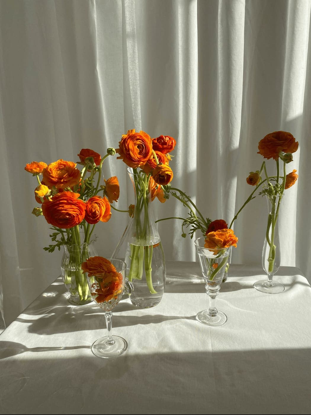 Bright orange ranunculus arranged in bud vases
