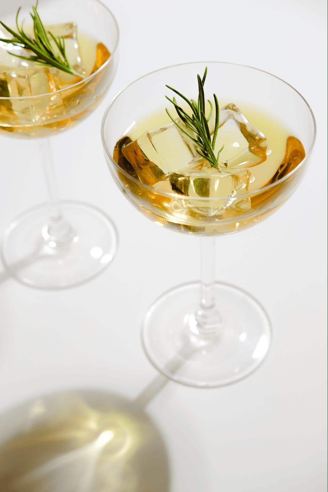 Sunlit coupe cocktails garnished with fresh rosemary